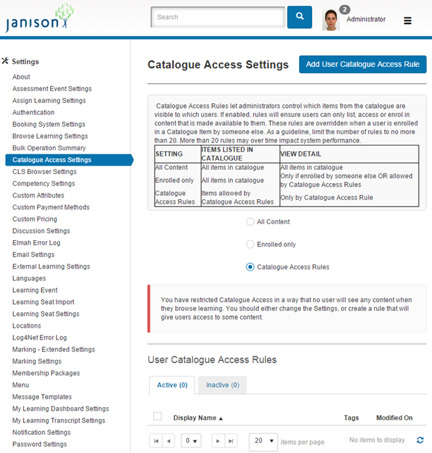 Catalogue Access Rules Janison Academy